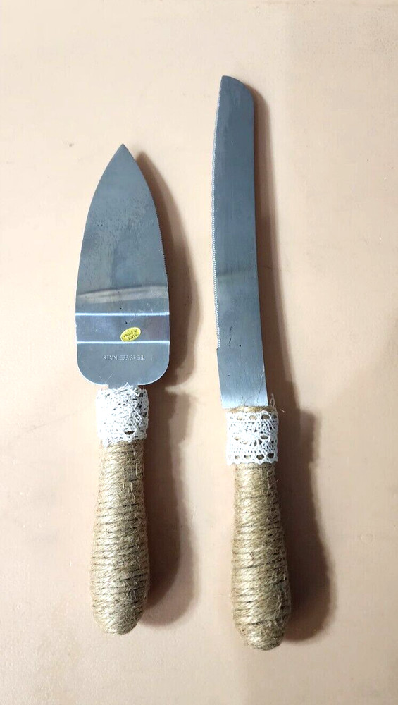 Studio His & Hers Rustic-Style Wedding Cake Knife & Server Set Jute Twine - Used