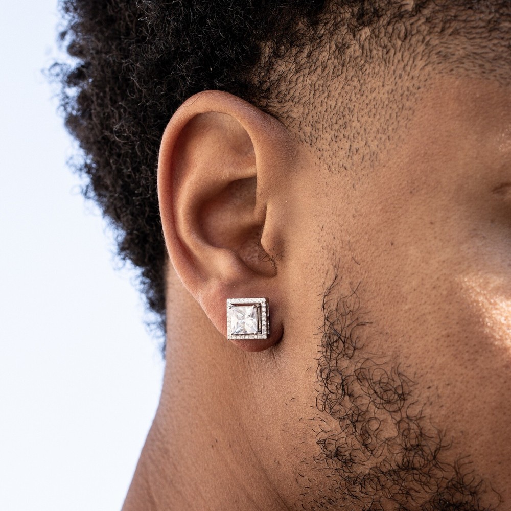 Mens Iced Interchangeable Sterling Silver Square Hip Hop Stud Earrings