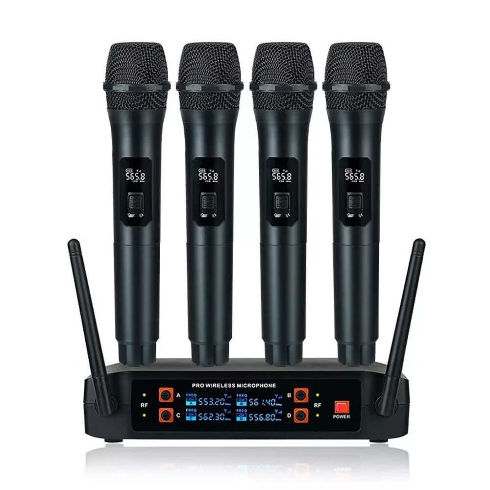 Pro Wireless Microphone System 4 Channel Audio VHF 4 Handheld Dynamic Mic Party