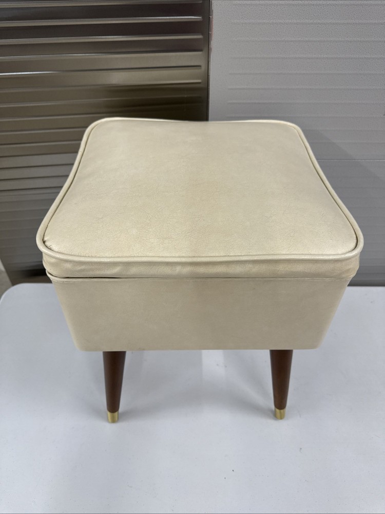 Vintage Mid Century Modern Sewing Stool Ottoman With Storage Compartment Bench