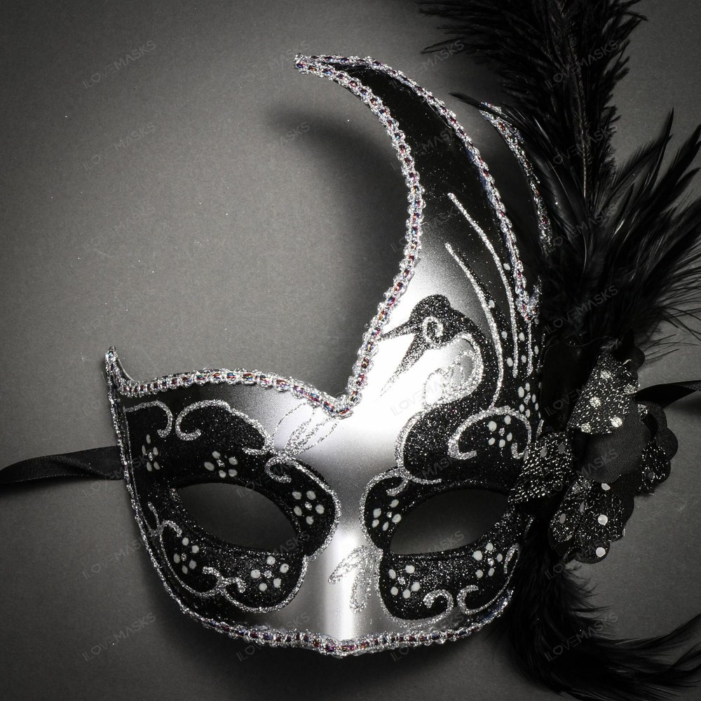 Silver Warrior Pegasus & Silver Black Side Feather Glitter Couple Masks Set