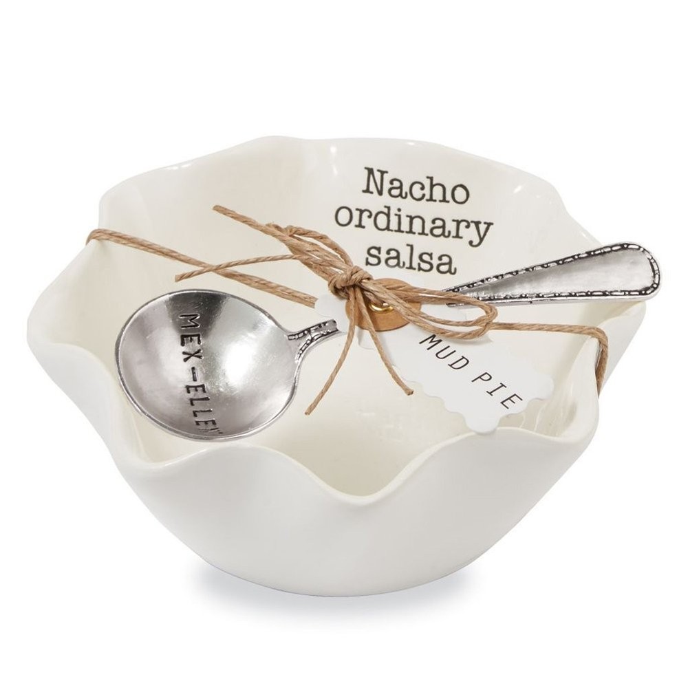Mud Pie Salsa Ceramic Dip Cup Set - Nacho Ordinary, White & Silver