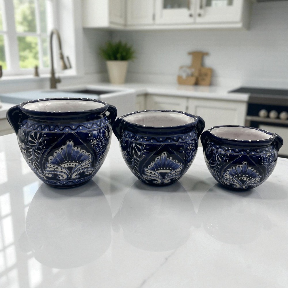Blue & White Talavera Pot Set | Artisan Ceramic Trio