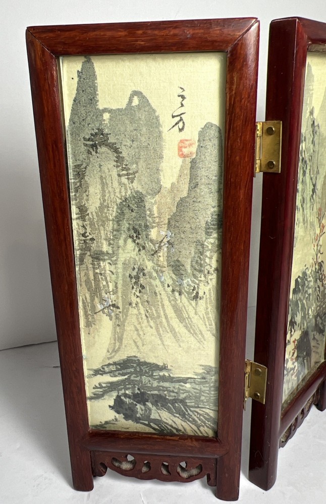 Oriental Style 4-Panel Double Sided Tabletop Folding Screen w/ Glass Panels