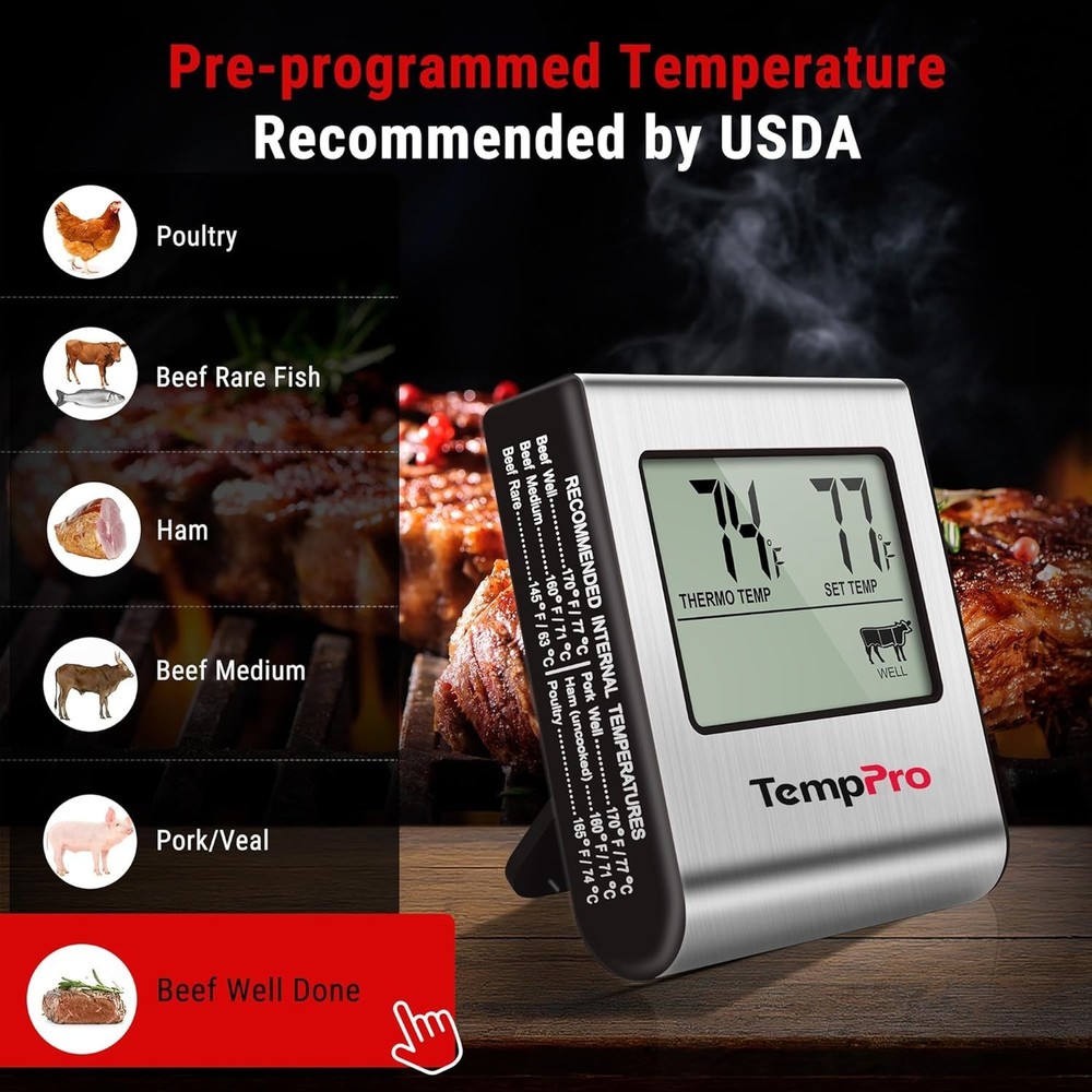 TP16 Large LCD Digital Meat Thermometer Timer Smoker Oven Kitchen BBQ
