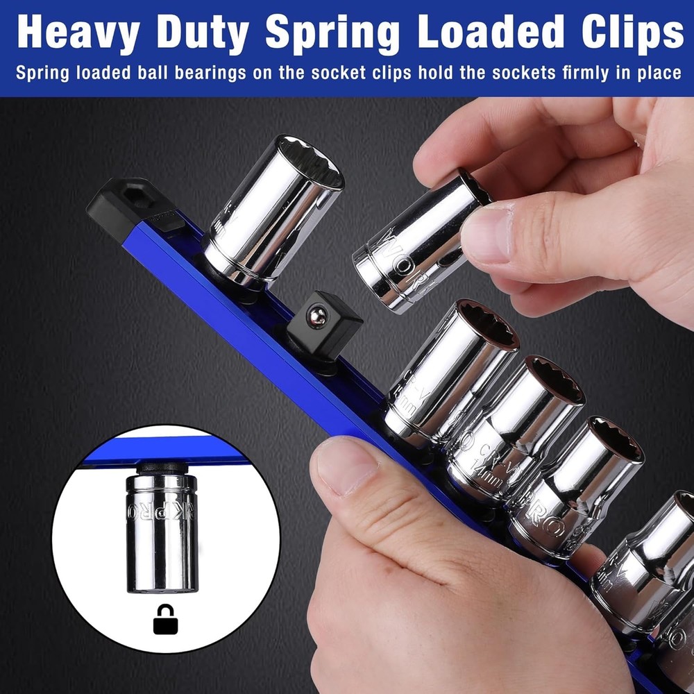 Magnetic Socket Organizer Set - 3-Piece Heavy Duty Tool Storage in Blue