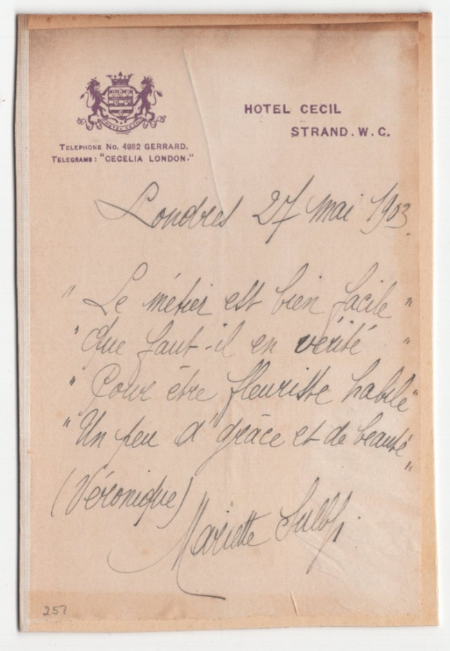 Mariette Sully Signed Letter 1903 / Autographed Belgian Opera Singer