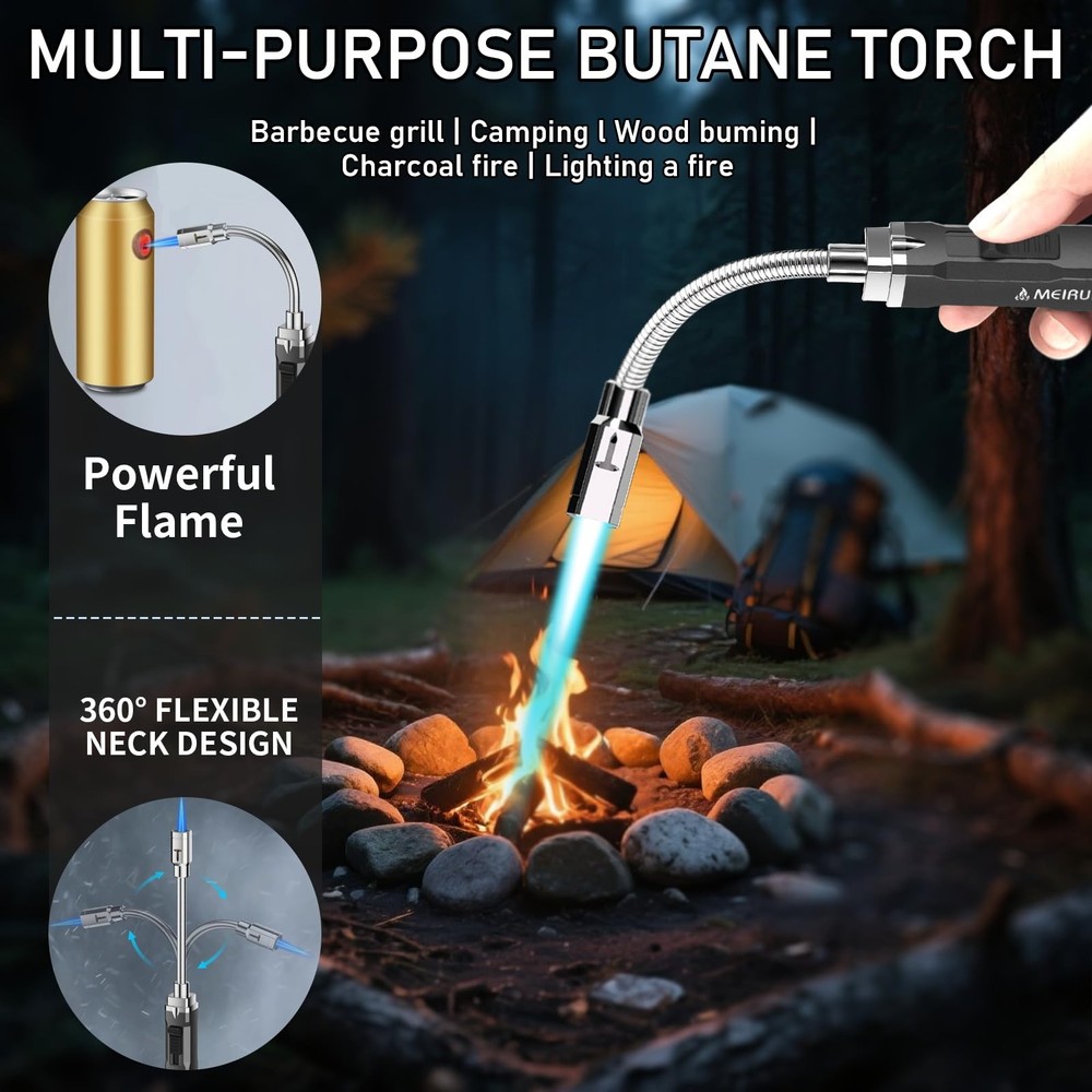 Torch Lighter, Long Flexible Neck Refillable Butane Jet Flame Black
