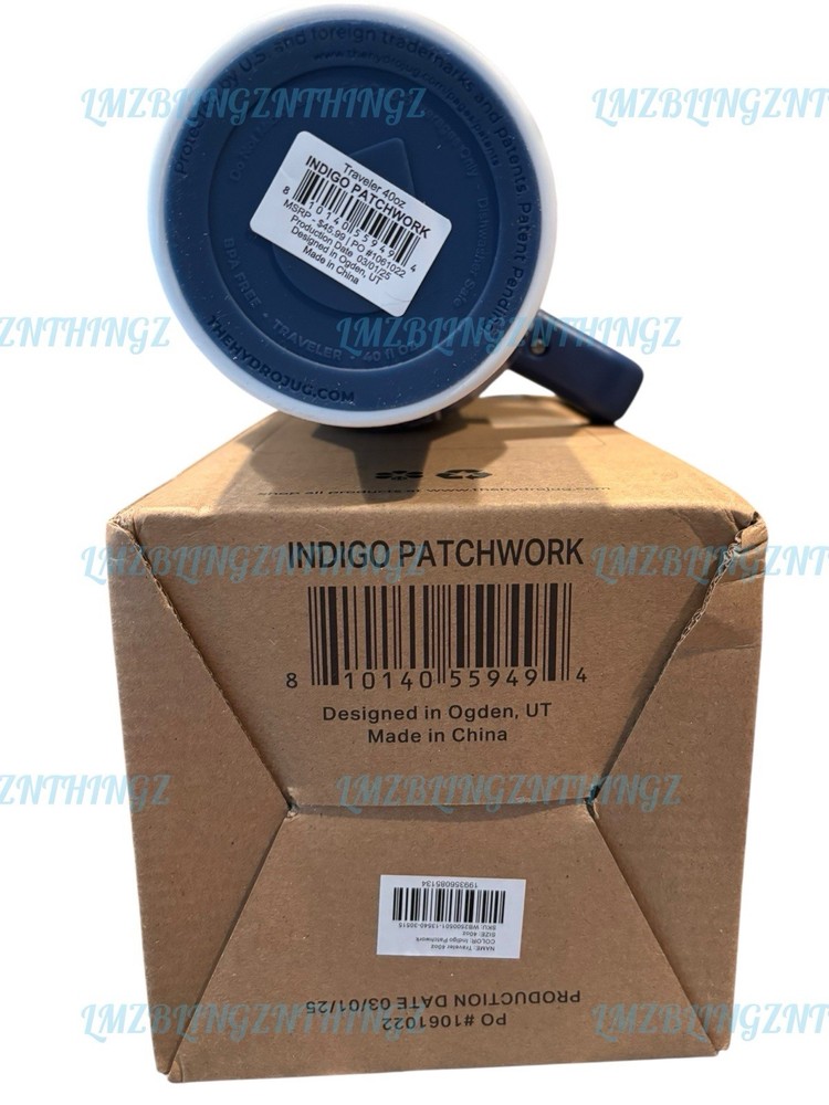 HydroJug x Fabletics LUXE360 Indigo Patchwork 40oz Traveler~BNWT&Box