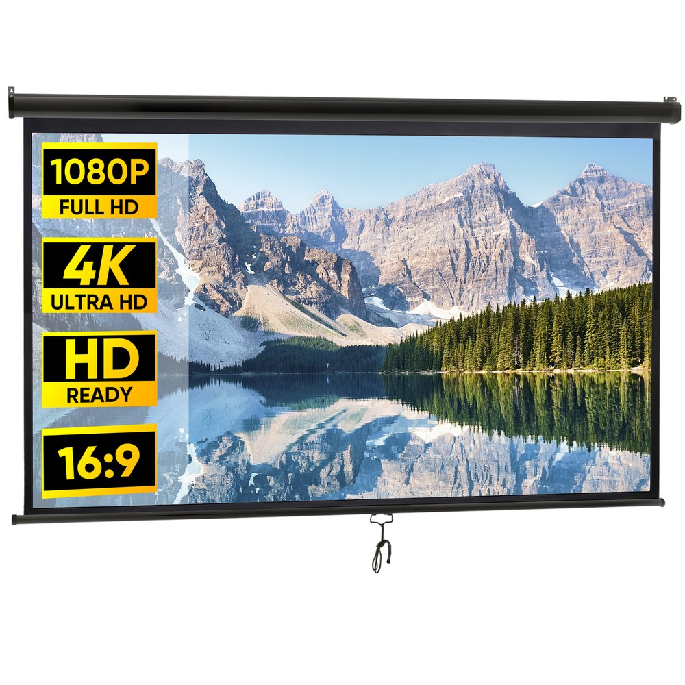 Projector Screen Pull Down 100" 16:9 HD Projection Screen Indoor Outdoor Black