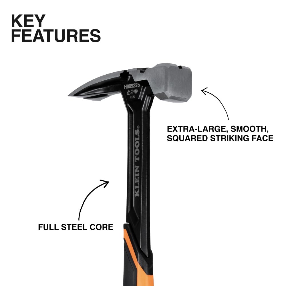Klein Tools H80922S 22oz Smooth Face Framing Hammer, Straight Claw