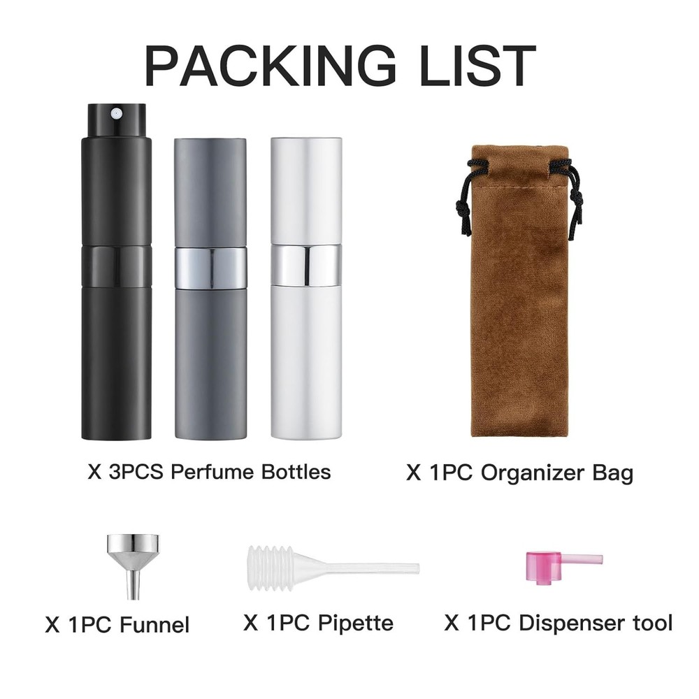 LISAPACK 8ML Atomizer Perfume Spray Bottle for Travel (3 PCS) Empty