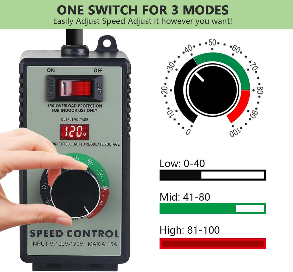 AC Motor Speed Controller 120V 15A Max - Variable-Speed Controller & Fan Speed C