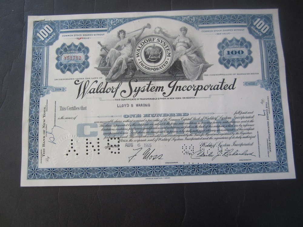 1965 - WALDORF SYSTEMS INCORPORATED - Stock Certificate - MASS.