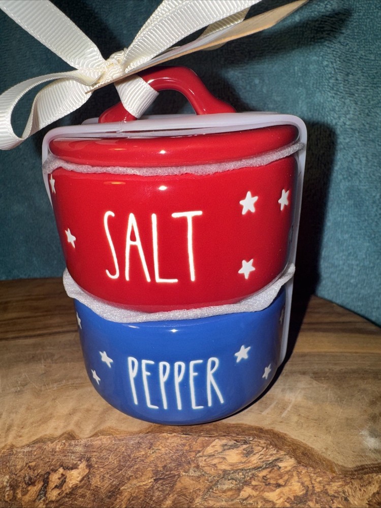 Rae Dunn Red & Blue Ceramic Salt & Pepper Set With White Star Pattern- New 2026