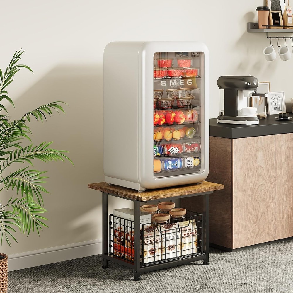 Mini Fridge Stand with Storage, Small Refrigerator Stand with Wheels,(Brown)