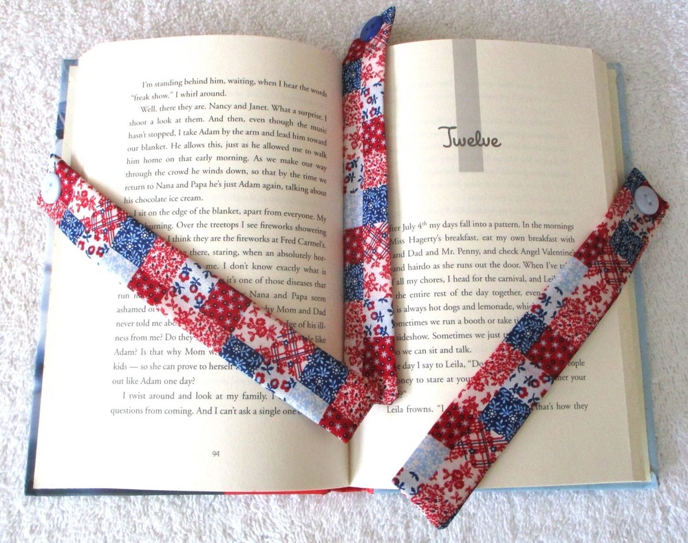 BOOKMARKS~PATCHWORK DESIGNS~Fabric & Button~Set Of 3~Reversible~Washable~NEW