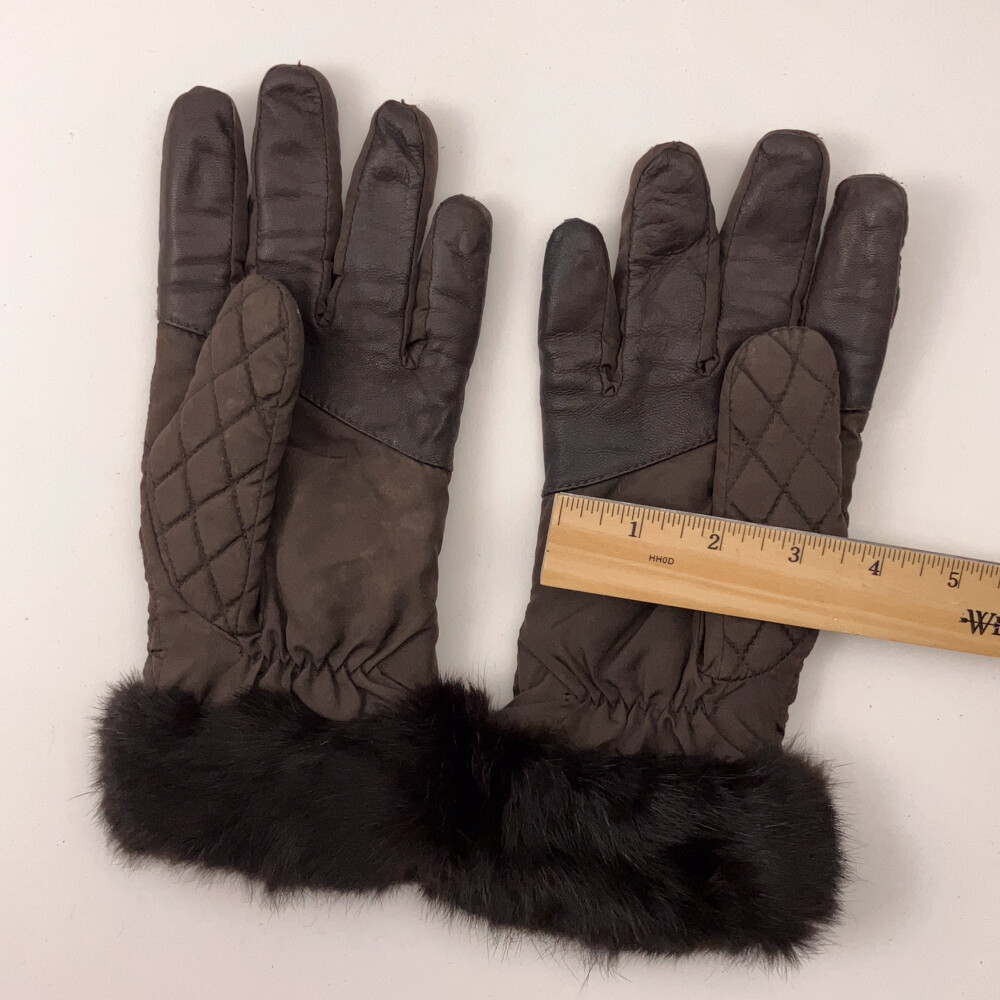 Dark Brown Quilted Pattern Polyester Winter Gloves With Fuzzy Cuff