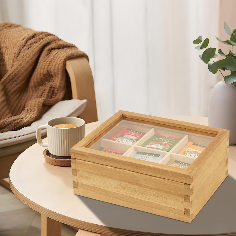 Wood Tea Bag Organizer, 6 Compartment Multi-Functional Box, Storage Container