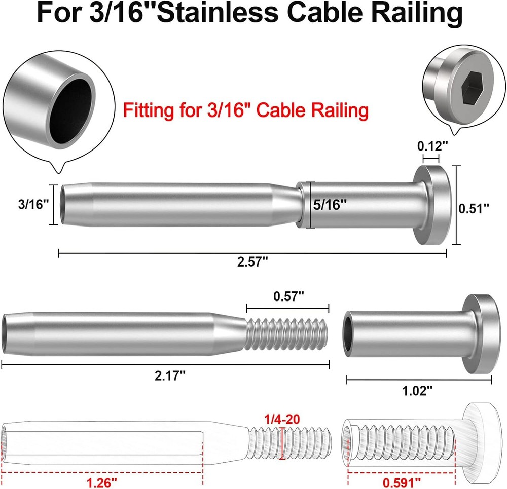 Invisible Receiver and Swage Stud End Fit 3/16‘’Cable Railing Deck Stair 20 Pack