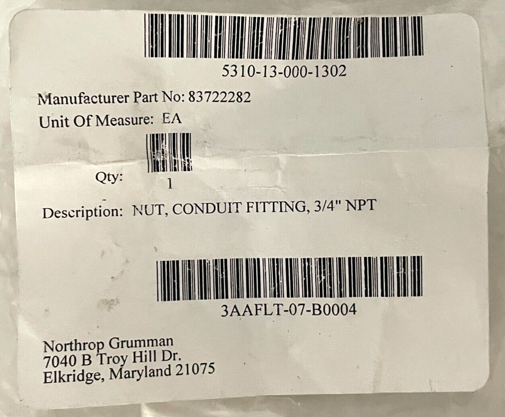 NEW 83722282 Conduit Fitting Nut 3/4" NPT