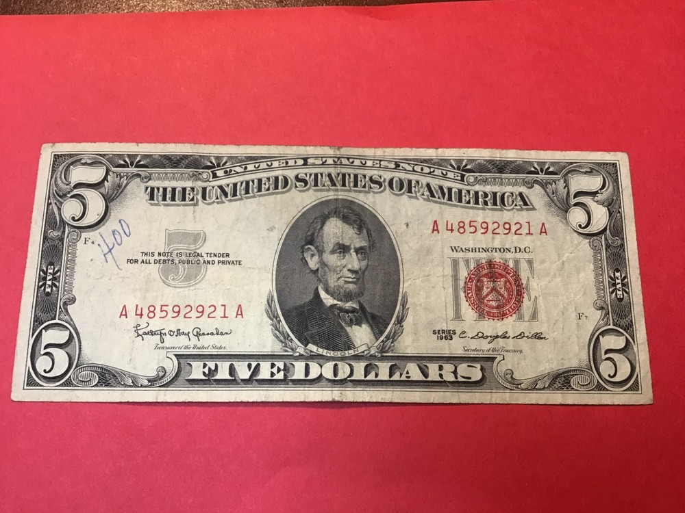 1963 Five Dollar Red Seal $5 Red Seal Note US, 1 Note
