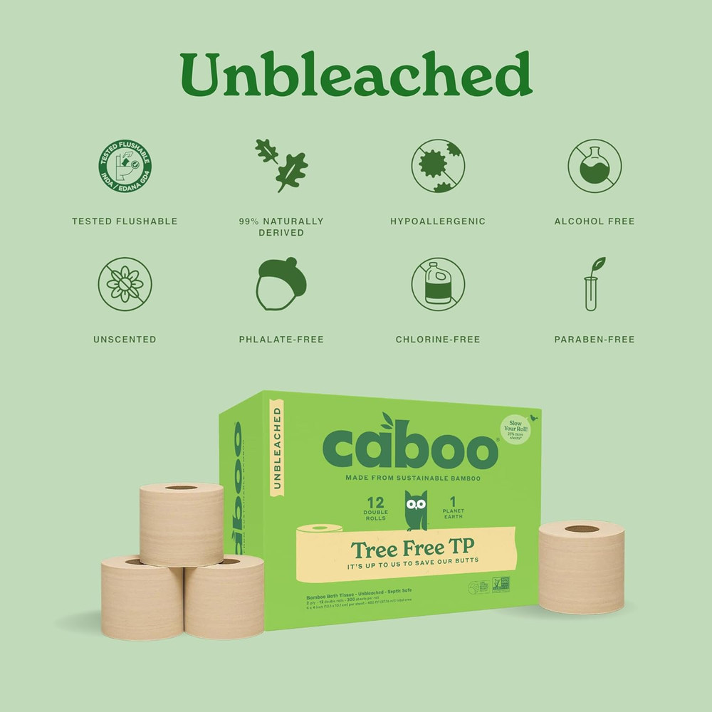 Caboo Tree Free Unbleached Toilet Paper | Plastic Free Packaging, Septic Safe, E