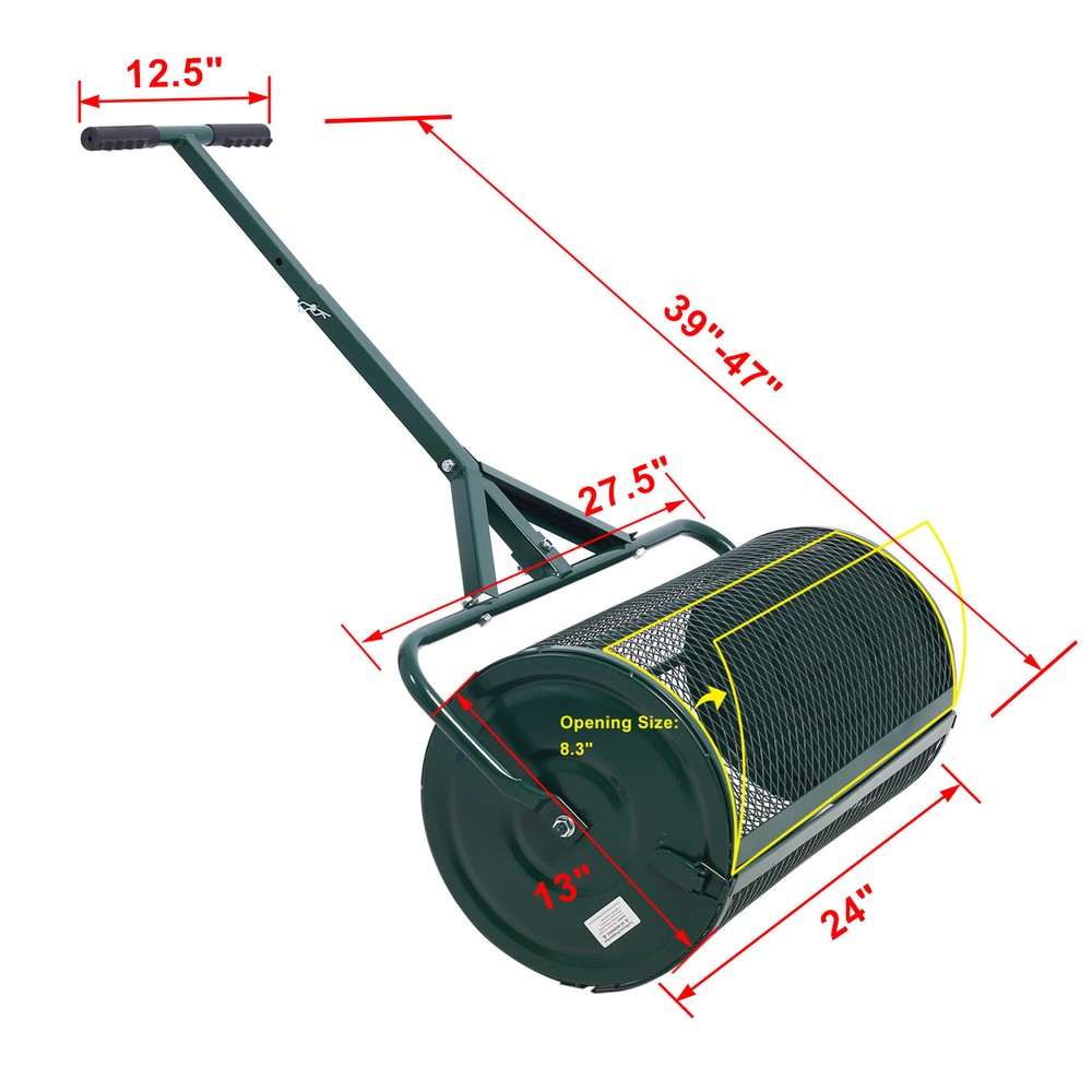 24" Compost Spreader Peat Moss Spreader Roller Lawn Spreader T shaped Handle USA
