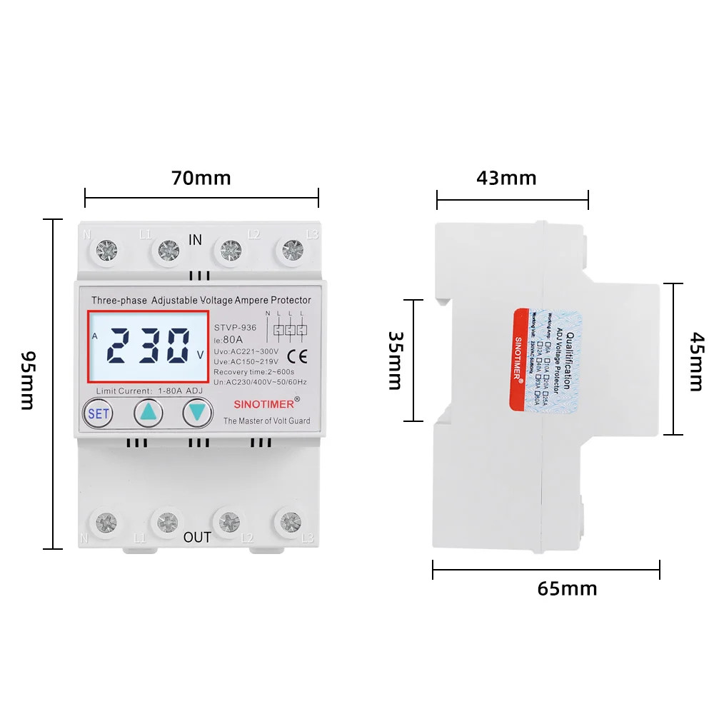 3Phase Voltage Protector Relay 380V 80A DIN Rail LCD Display Surge Limit Current