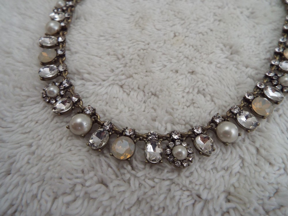 LOFT Brasstone Rhinestone White Bead Necklace