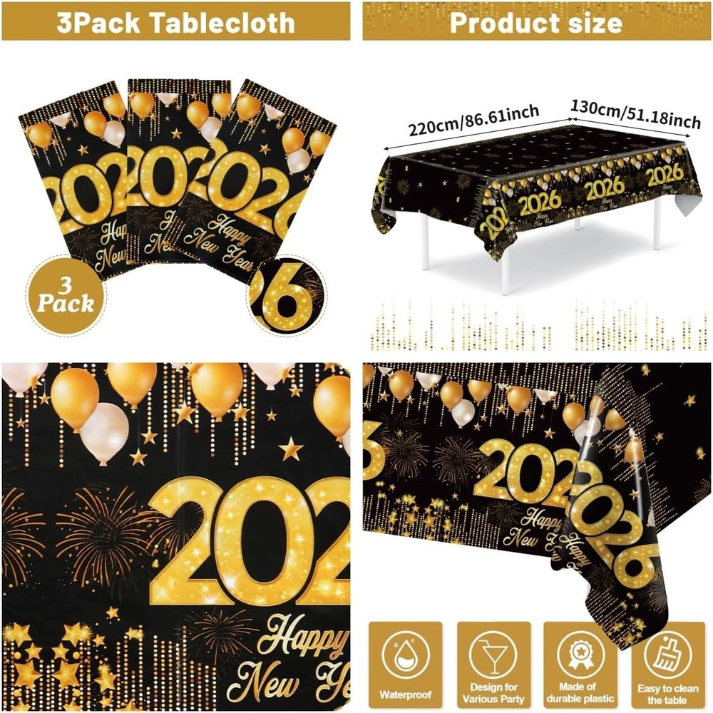 Black Gold New Years Tablecloths 3 Pack