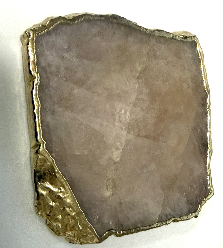 Rose Quartz Decor Coaster, Natural Pink Crystal Coaster Gold Edge