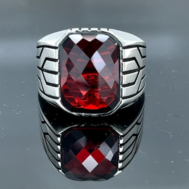 Men Ruby Red Stone Ring 925 Sterling Silver Ottoman Handmade Gift For Him