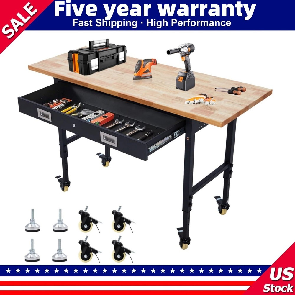 60" Workbench with Drawer Storage Adjustable Height Worktable for Garage Top