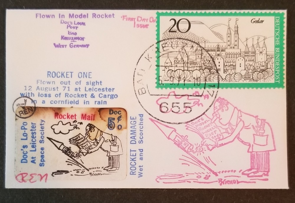 1971 Rocket Mail Doc's Local Post on German Mini Cover Cachet & Stamp