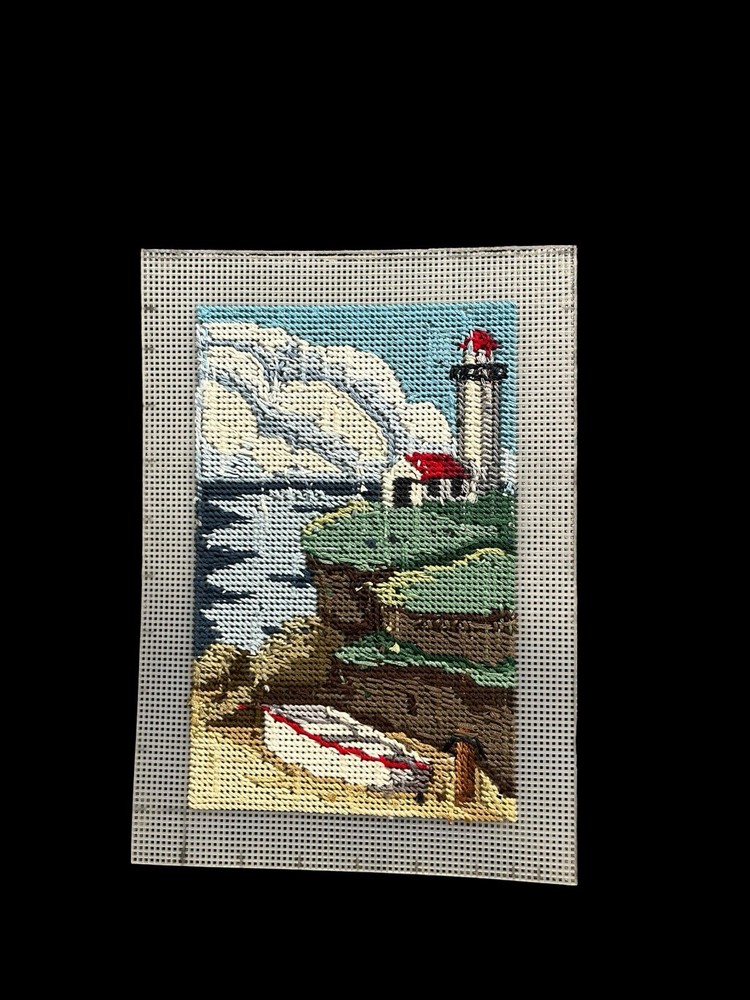 VTG Needlepoint Plastic Canvas Lighthouse Boat Completed Handmade