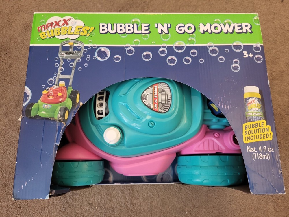 Sunny Days Maxx Bubbles Bubble N Go Lawn Mower Plastic Pink Blue