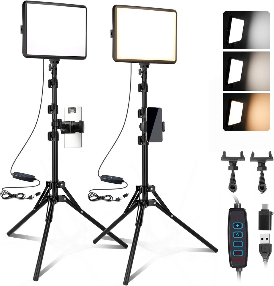 2-Pack LED Video Light Kit Dimmable Studio Lighting with Tripod and Phone Holder