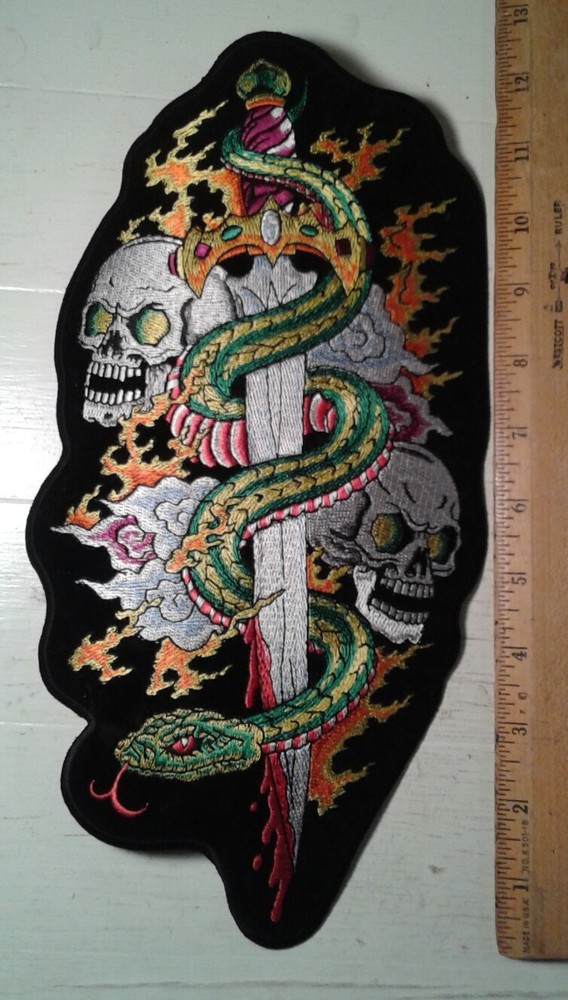 Snake Sword Skull Large Back Patch Motorcycle Biker Vest Jacket 12" x 6"