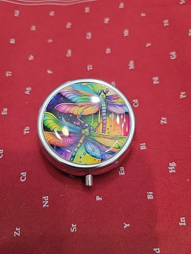 Dragonfly Multicolor Pastel Round Pill Box, 3 Compartment Decorative**Small Dent