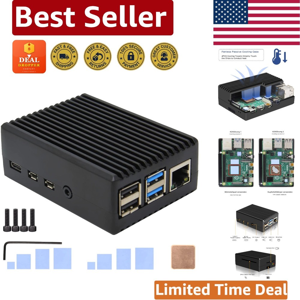 Aluminum Case for Raspberry Pi 4 Model B with Passive Cooling - Black