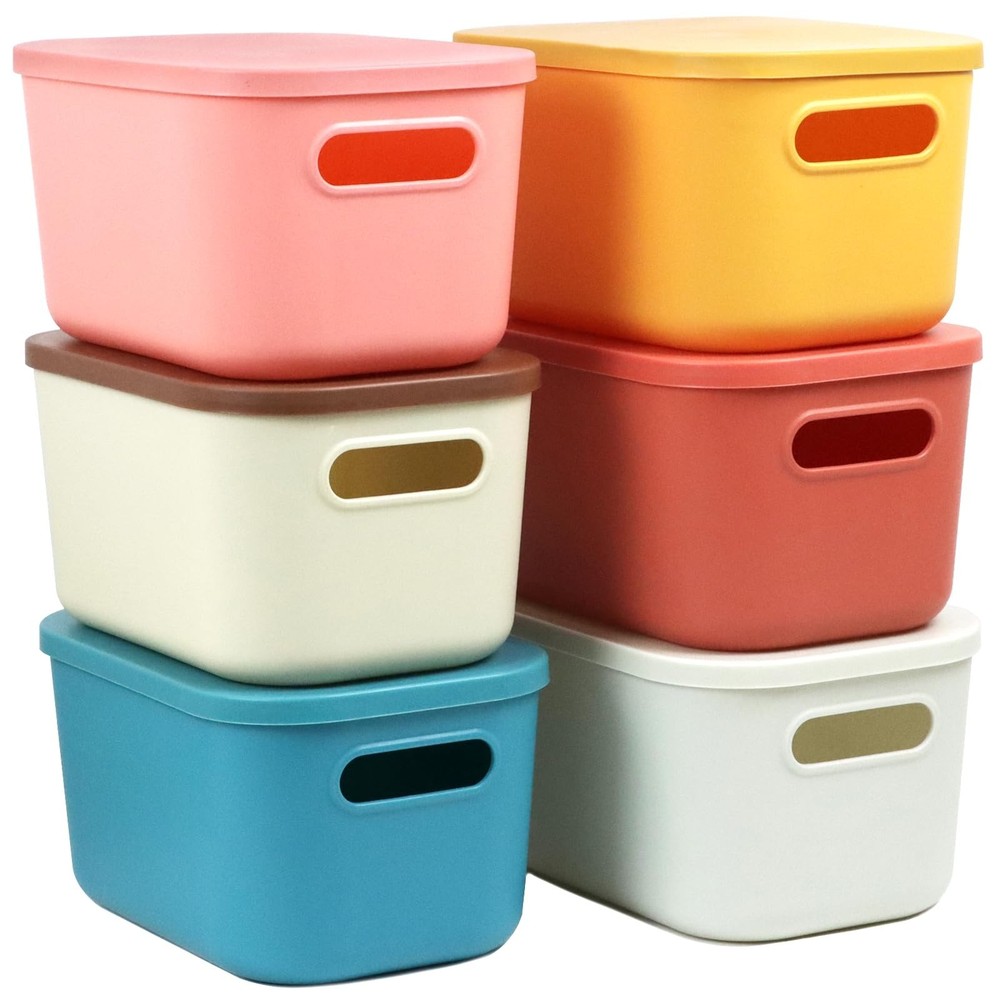 6Pcs Small Storage Bins with Lids, Stackable Plastic Organizer Bin Storage Co...