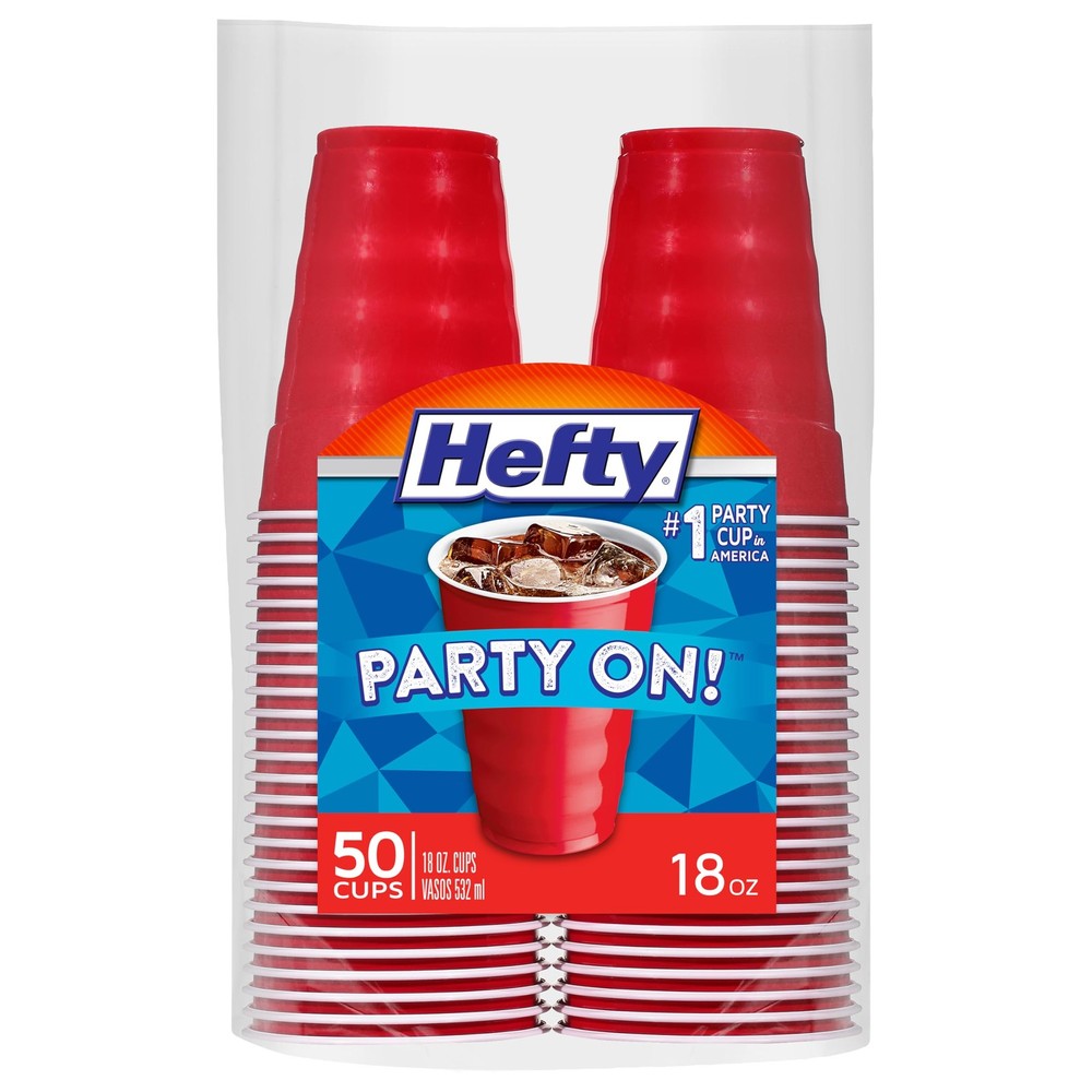 Hefty Party On Red Disposable Plastic Cups 18oz 50 Count Easy Grip Durable