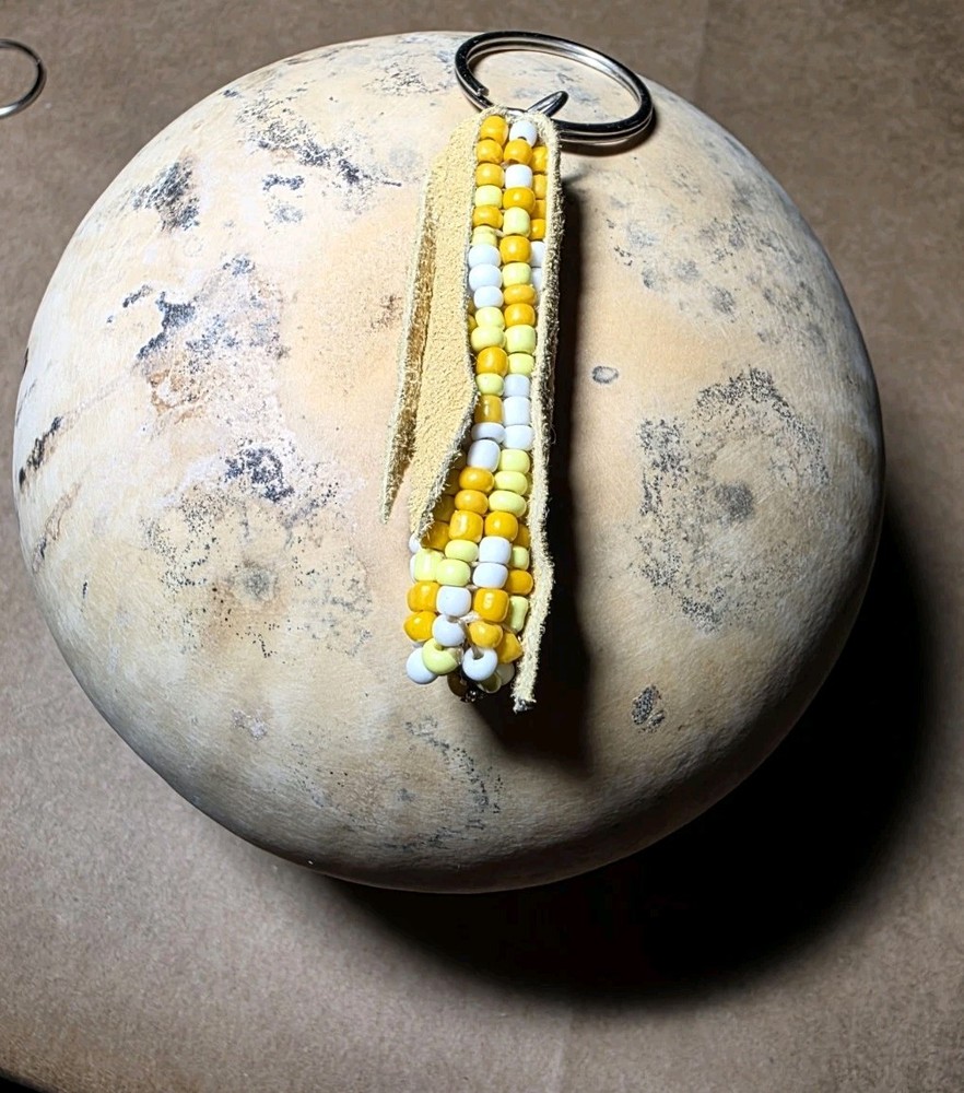 Handmade Yellow White Corn Beaded Keychain 2in