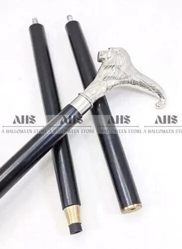Solid Brass Lion Head Handle Wooden Cane 3 Fold Black Walking Stick Steampunk