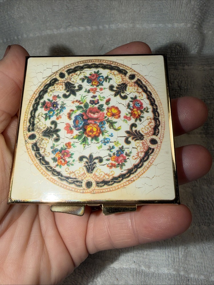 Vintage Handheld Compact Mosaic Floral Top Hinged Double Mirror