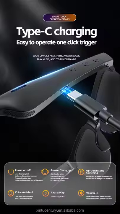 Smart Wireless Sunglasses with Touch Audio and Mic Connection