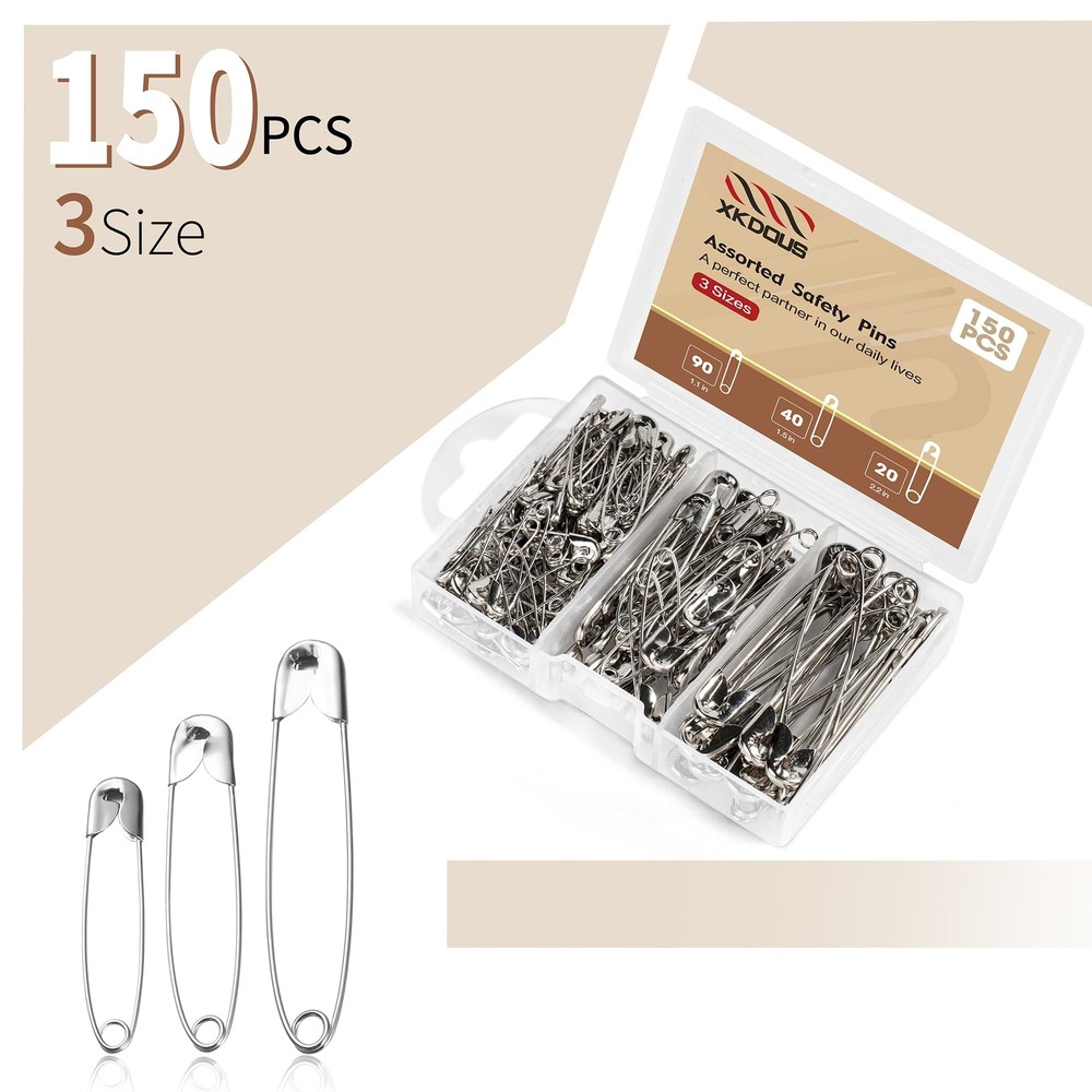 XKDOUS Safety Pins 150 Pcs Assorted Sizes Silver Pins Bulk Small & Large Clothes