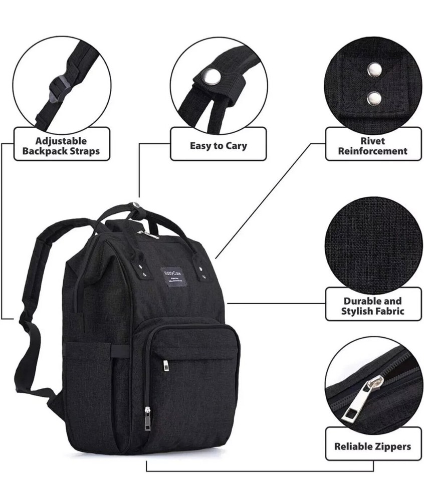 KiddyCare Diaper Bag Backpack + Adjustable Shoulder Straps - Black