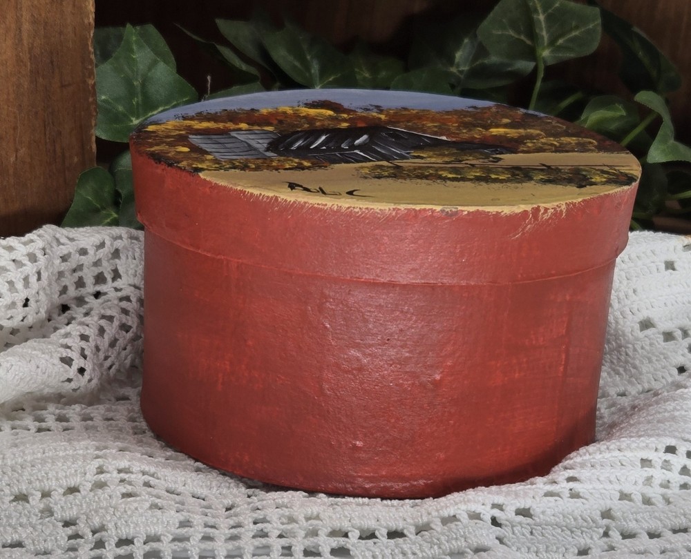 paper mache round box w/ fall barn (26017) hand painted